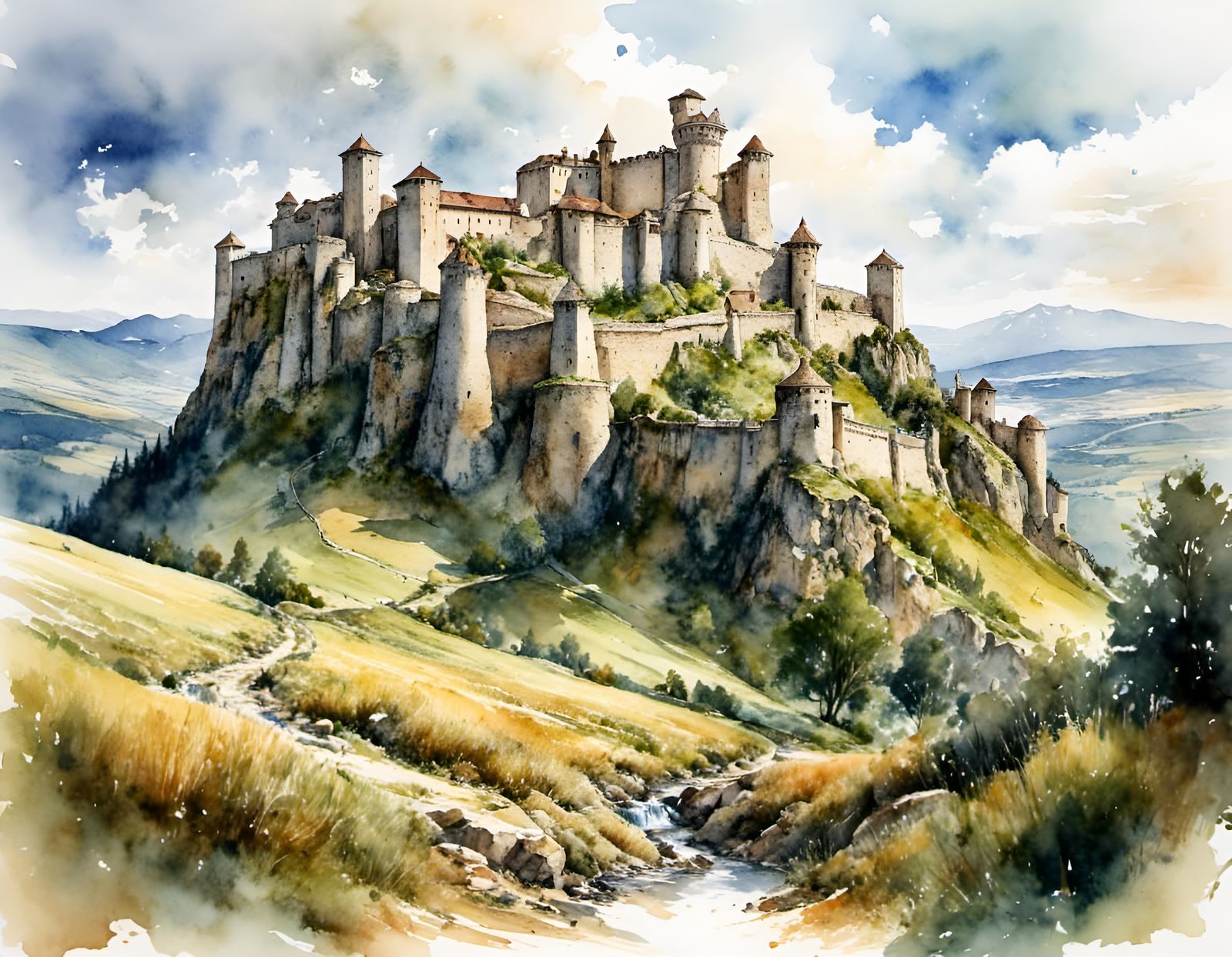 Spiš Castle in Watercolor Style