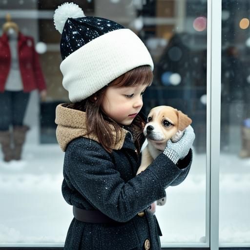 Whimsical Girl and Puppy in Snowy Pet Store