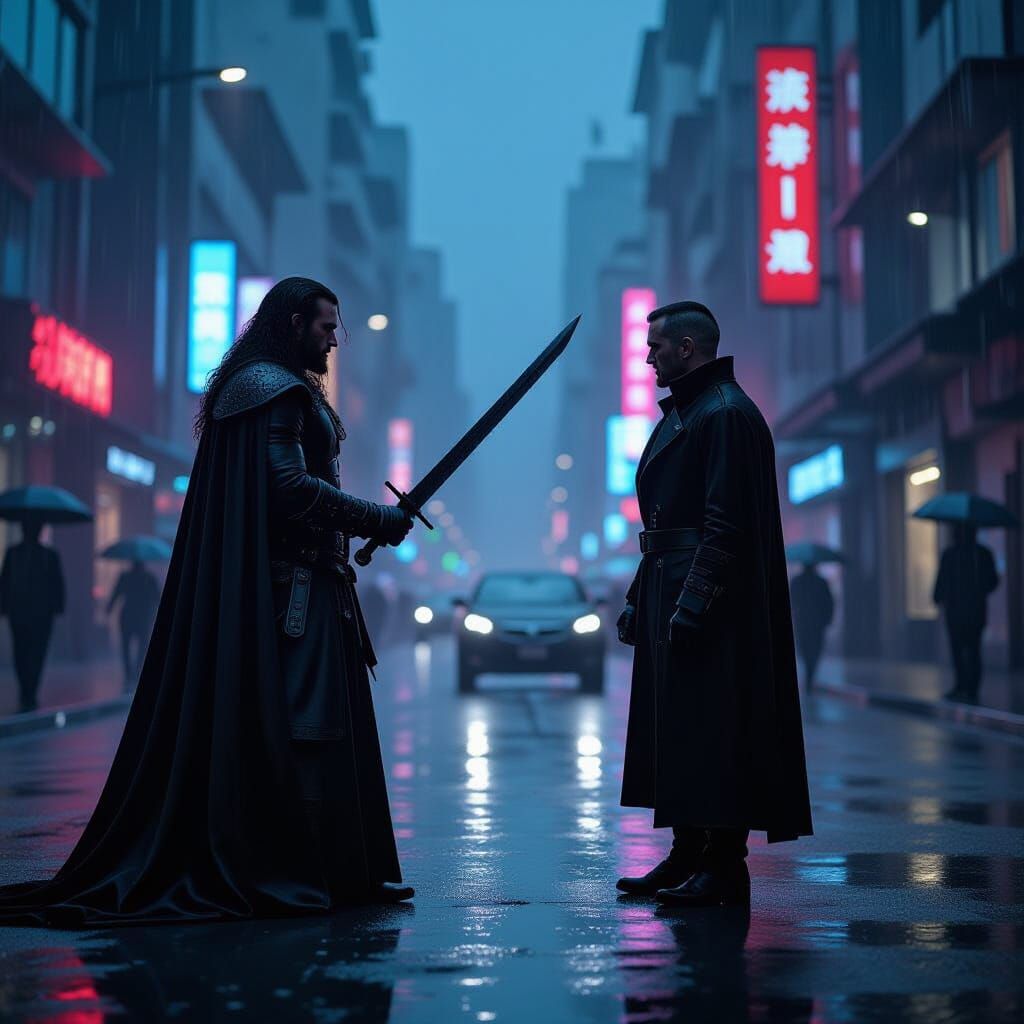 Braveheart vs Blade Runner in Futuristic Neon City