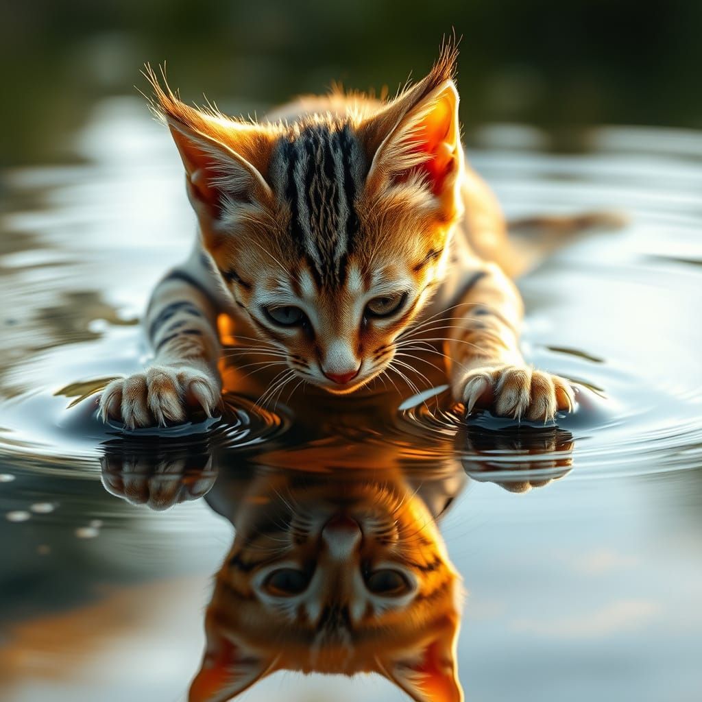 Golden Hour Kitten Captures Pond Reflection in Photorealisti...