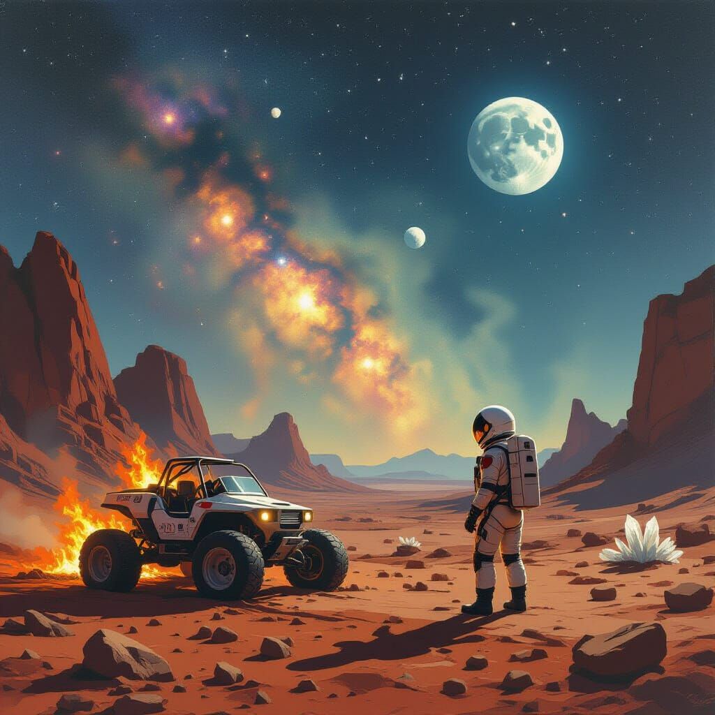 Astronaut on Alien Planet Gazing at Nebula Sky