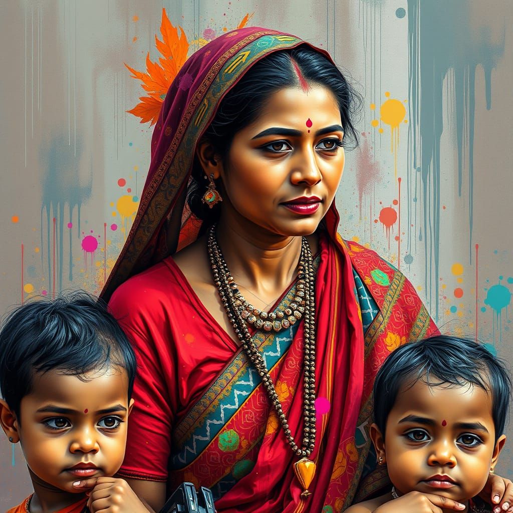 Motherly Love Meets AI in Vibrant Indian Setting