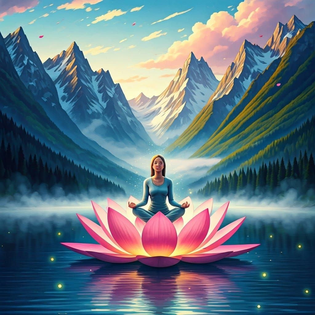 Serene Woman in Lotus Position on Glowing Pink Lotus Flower