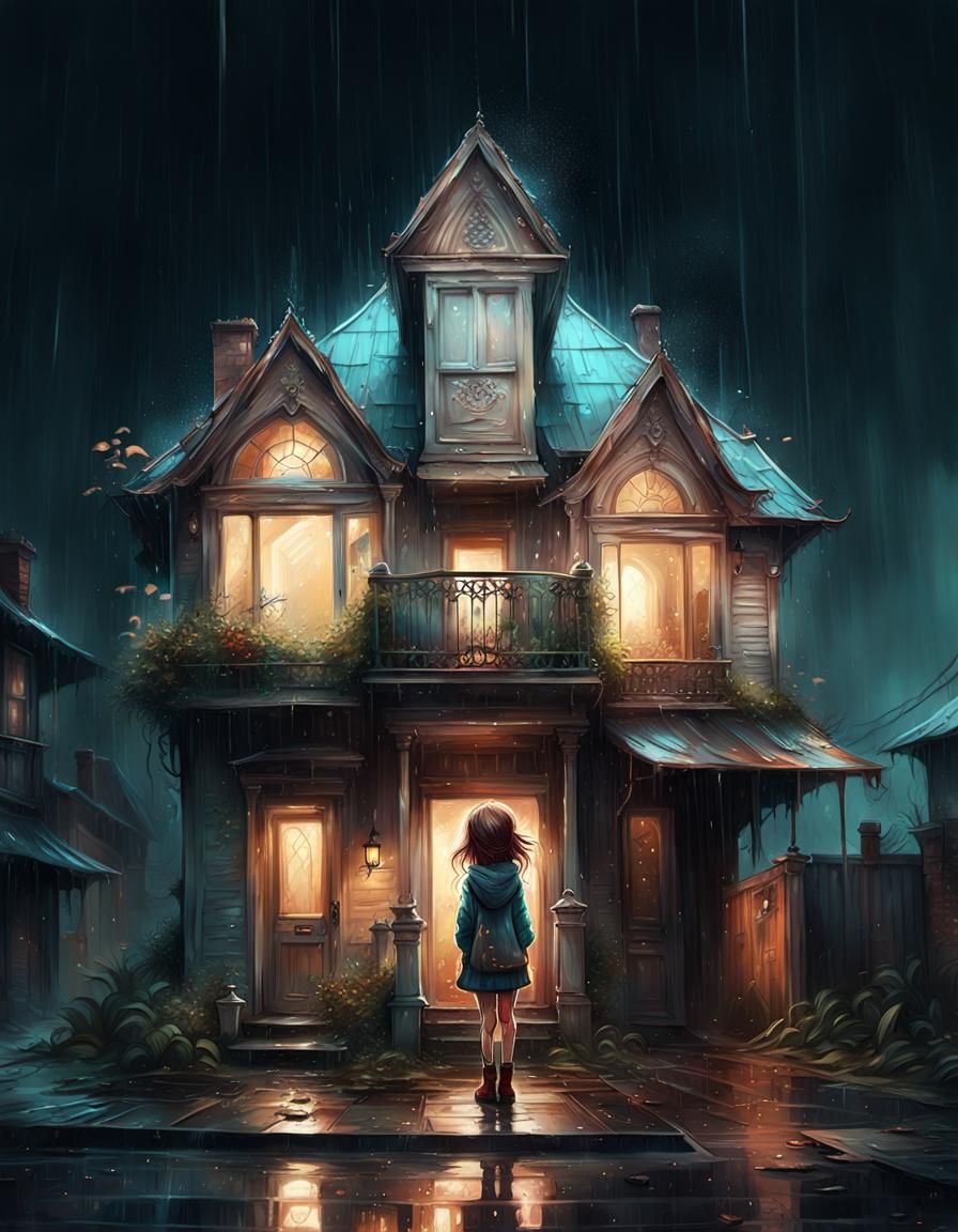 Sad Little Girl in Rain: Detailed Digital Art