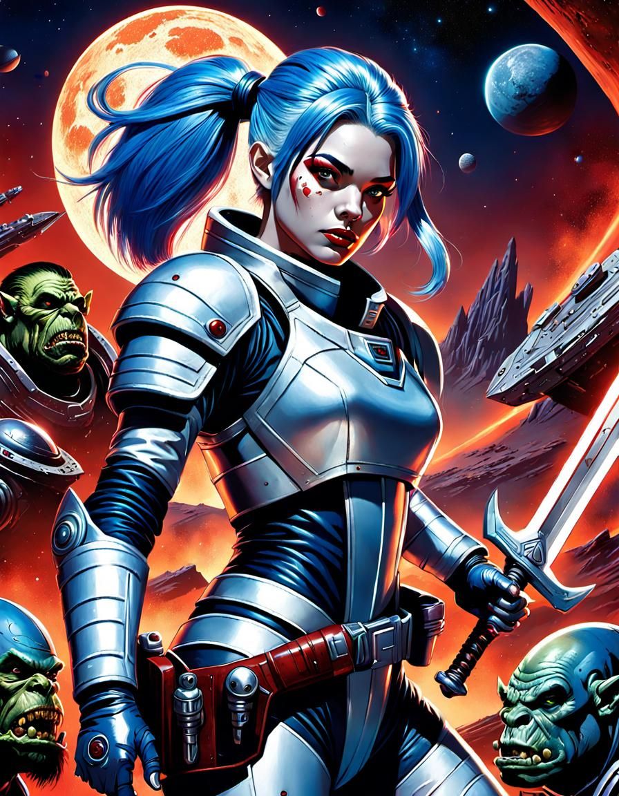 Girl Space Adventurer Fighting Orcs in Silver Age Style
