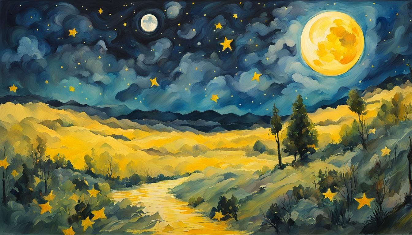 Expressionistic Moon and Star Gouache Painting