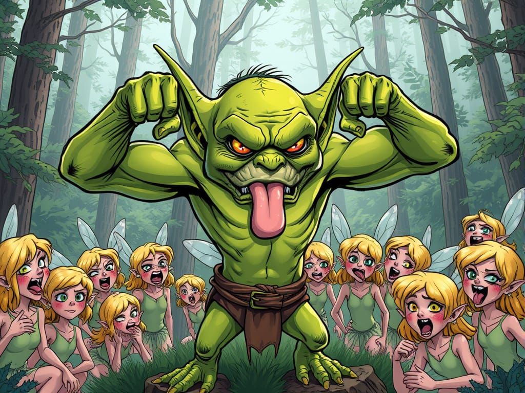Grumpy Goblin Flexes Muscles for Excited Fairies in Comic St...