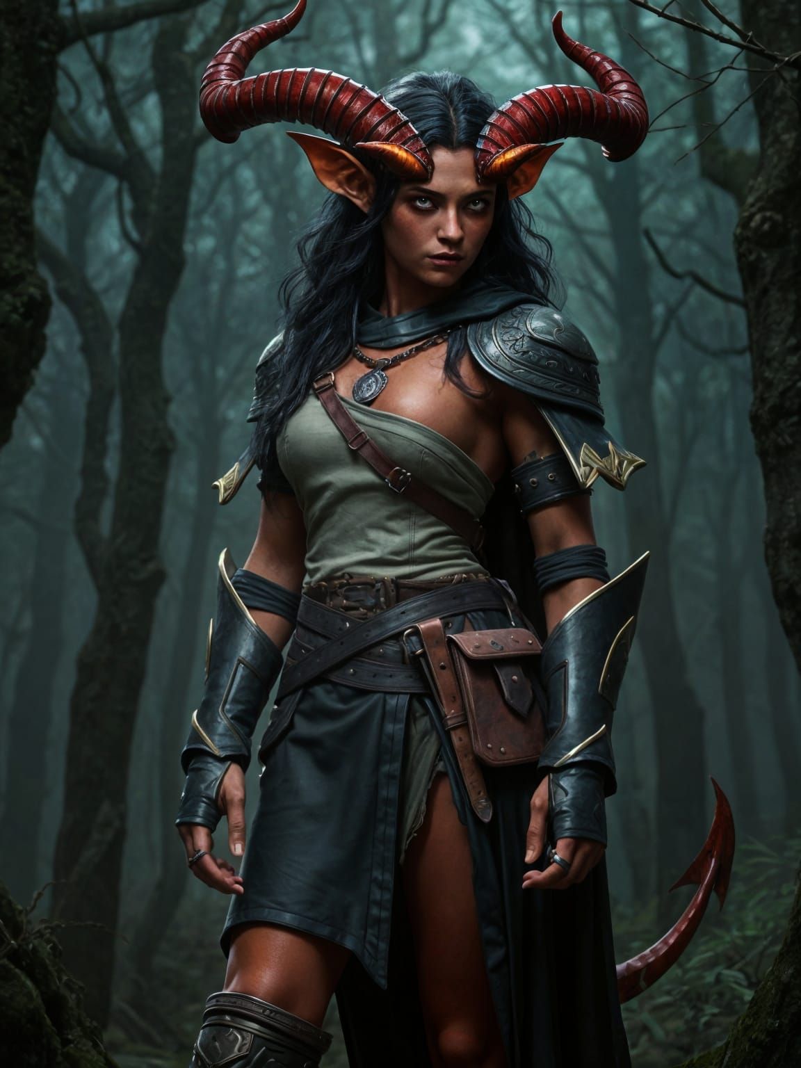 Crimson Tiefling Warrior in Dense Forest