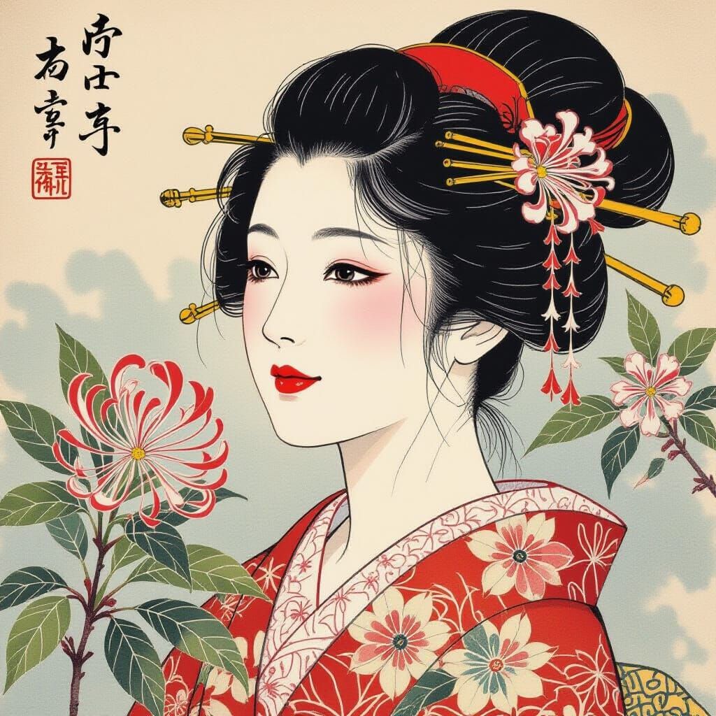 Honeysuckle Blooms: Inksplash Art in Ukiyo-e Style