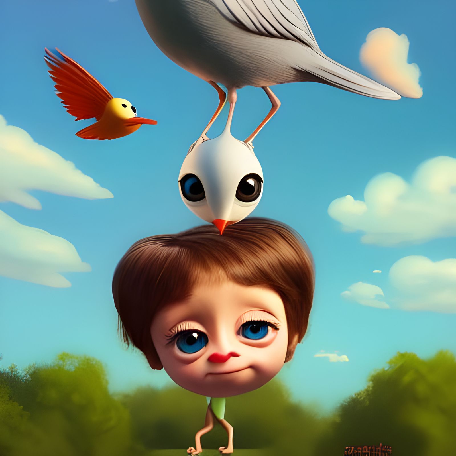 Cute Upside Down Bird on Trampoline: 3D Digital Art