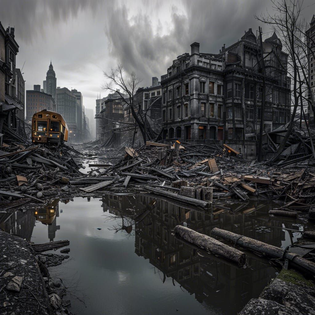 Haunting Cityscape Ravaged by Time and Nature