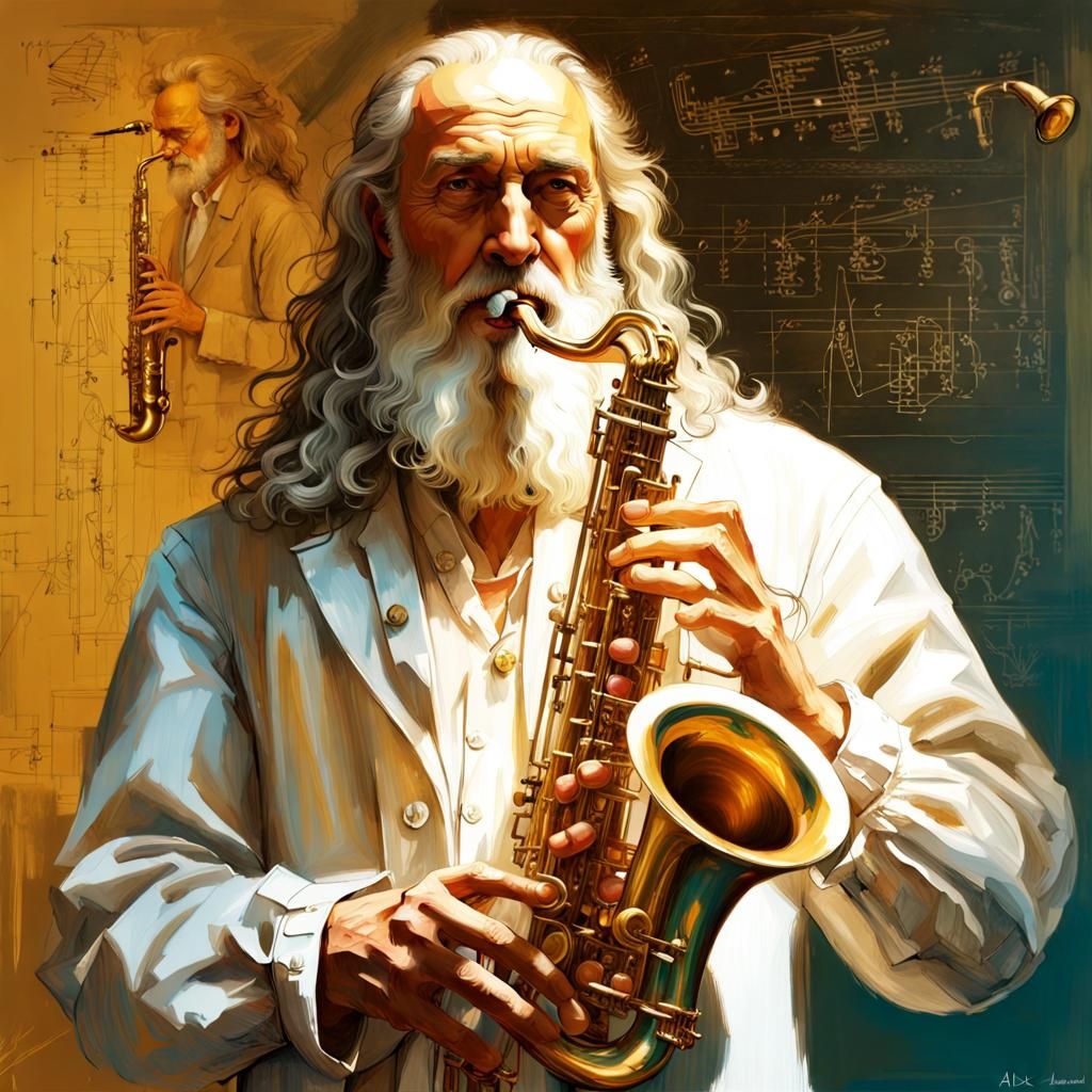Leonardo da Vinci Plays Saxophone in Digital Art