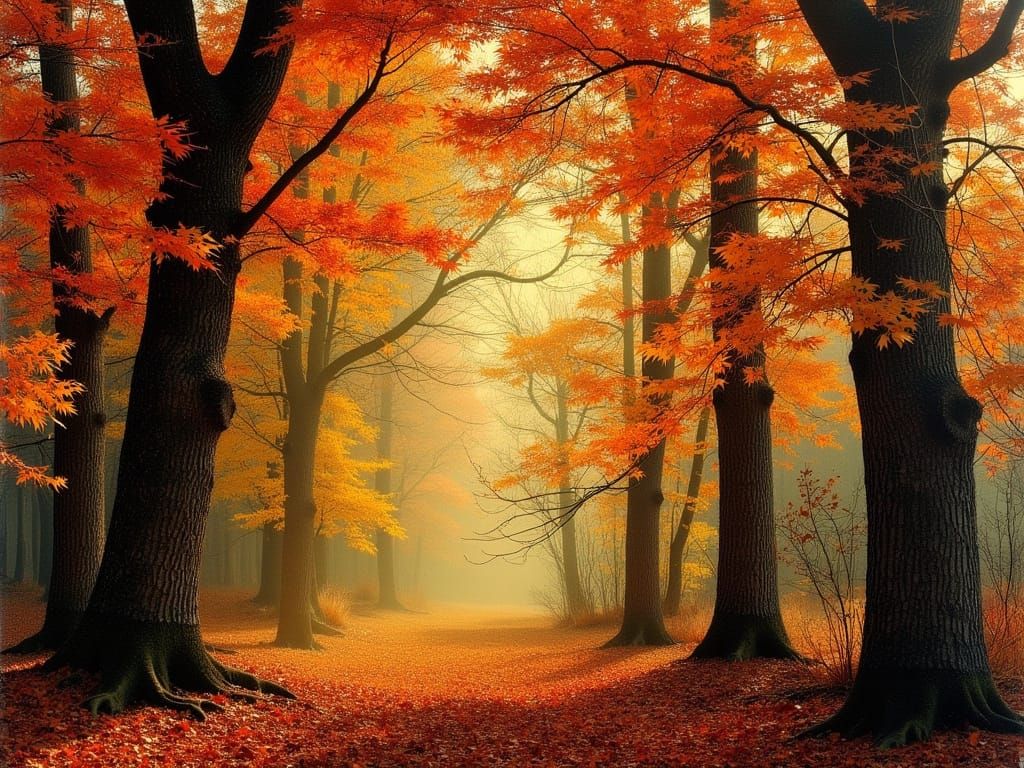 Vibrant Autumn Forest in Oil Painting Style