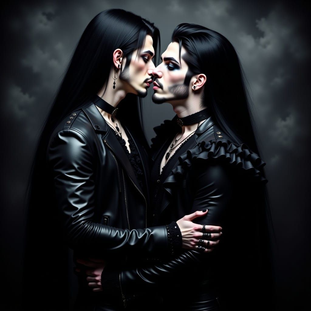 Gothic Gay Couple Embrace in Smoky Darkness