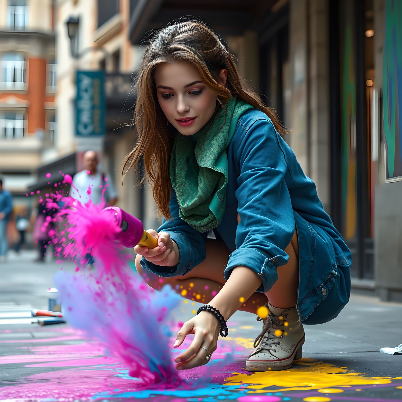 Young Woman Creates Colorful Street Art