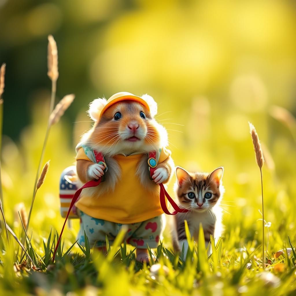 Hamster Walks Cat in Summer Meadow