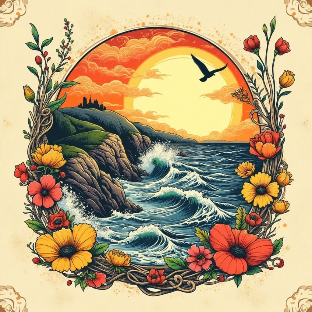 California Coast in Neo-Traditional Tattoo Style