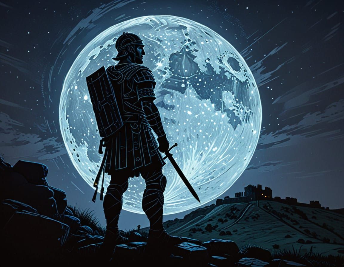 Roman Soldier Under Moonlight at Hadrian's Wall