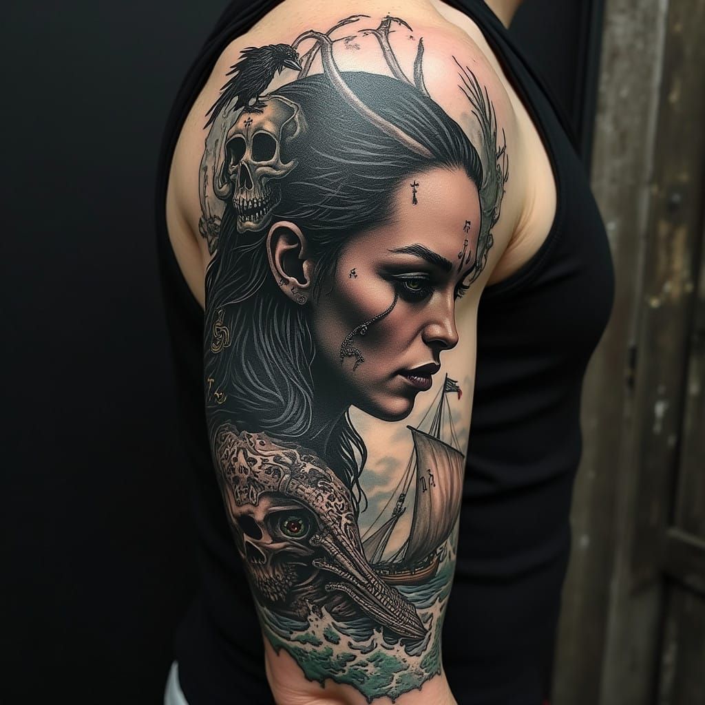 Viking Warrior Valkyrie Tattoo with Ravens and Viking Longsh...