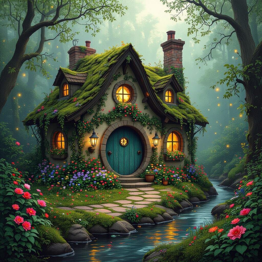 Enchanting Forest Cottage with Glowing Spores, Mystical Illu...