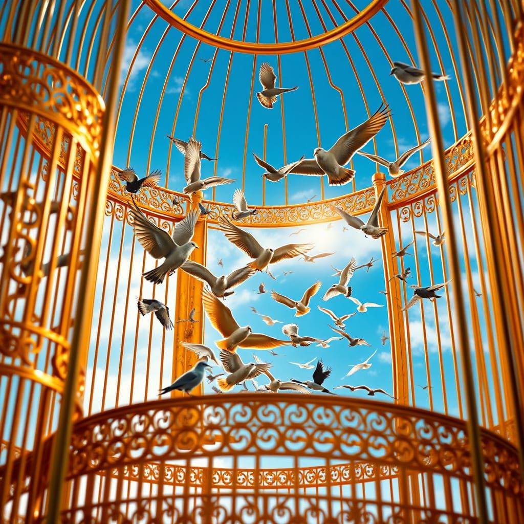 Birds Soar to Freedom from Golden Cage Vortex