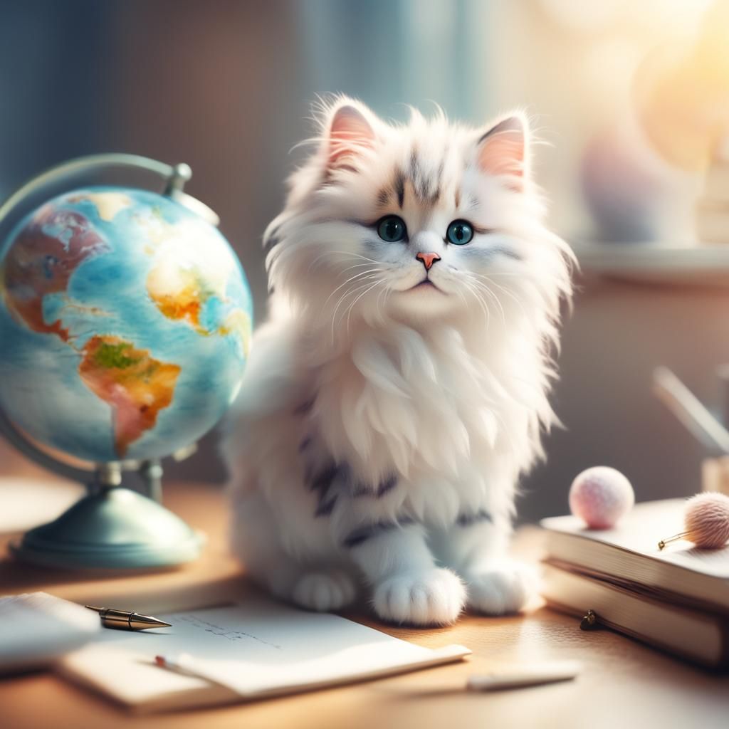 Whimsical Kitten with Globe in Dreamy Tilt-Shift Photo