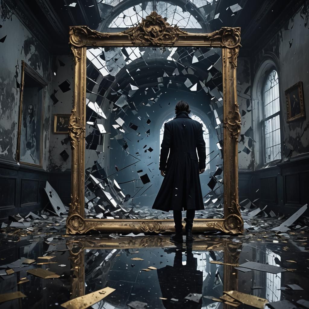Shattered Mirror with Ghost in Gothic Romanticism