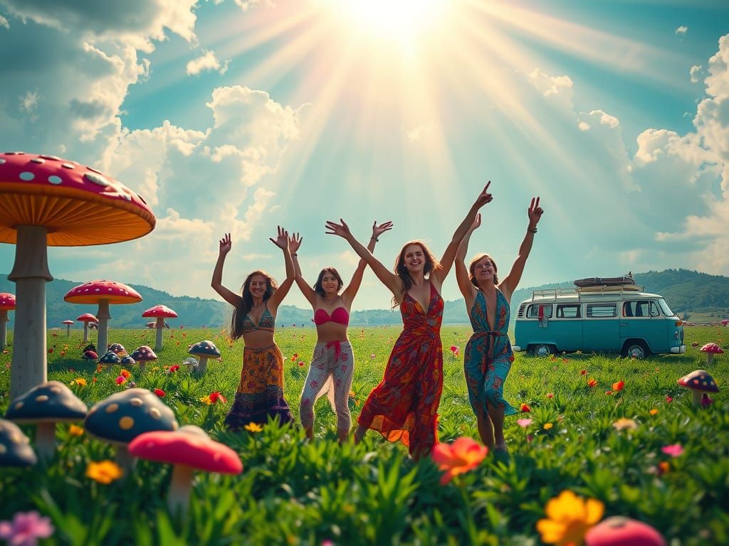 Vibrant Hippies in a Colorful Meadow Oasis