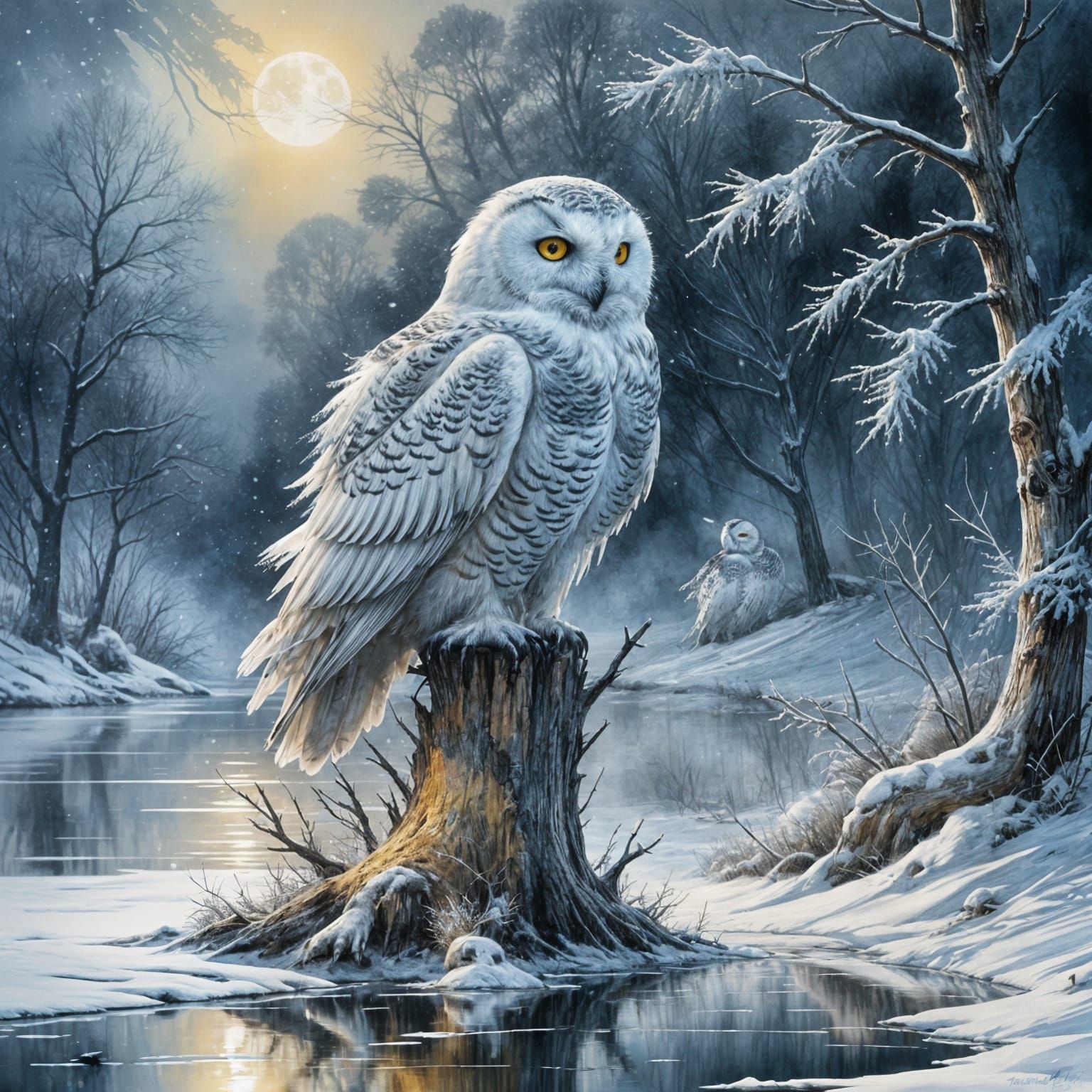 Ghostly Snowy Owl in Winter Storm Oil Painting