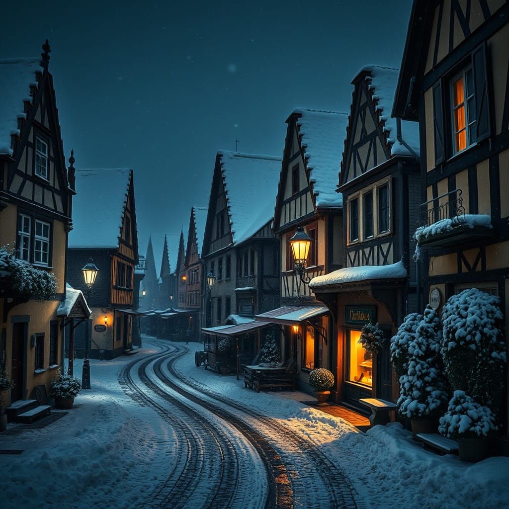 Snow-Glazed German Village in Hyperrealistic Style