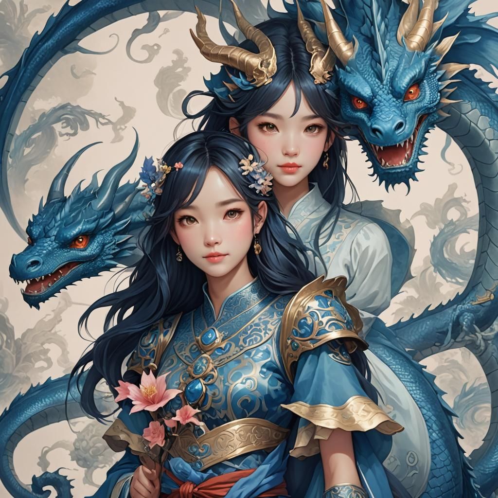 Girl and Blue Dragon Fantasy Art