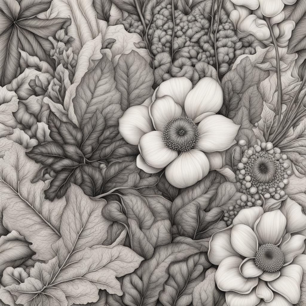 Botanical Ink Drawing: Flowers and Leaves