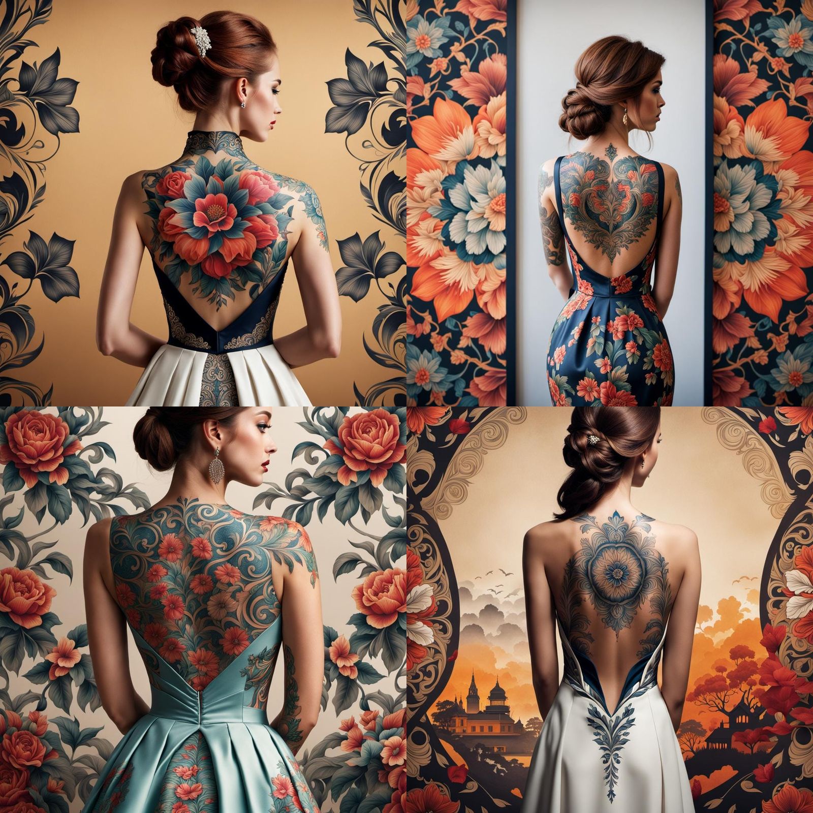 Tattooed Back Merging with Dress and Wallpaper