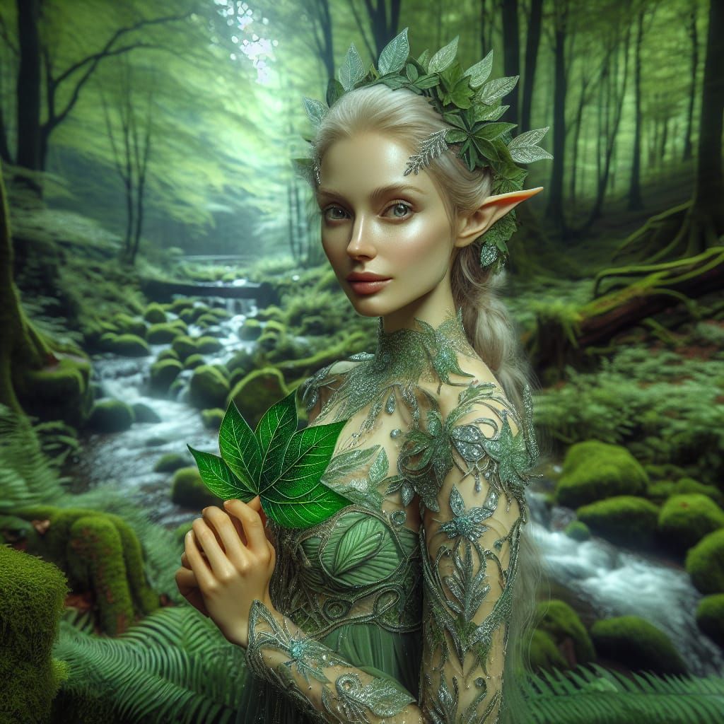 Ethereal Elven Maiden in Verdant Forest, Hyperrealistic HDR