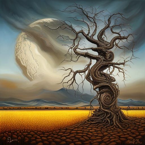 Scrap Metal Tree: Surreal Steampunk Oil Painting