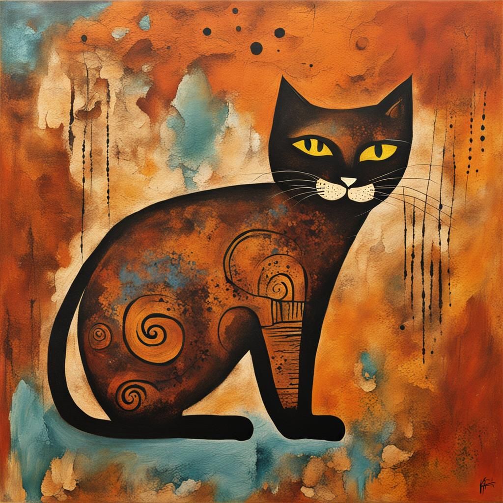 Abstract Cave Painting of a Cat with Fine Details