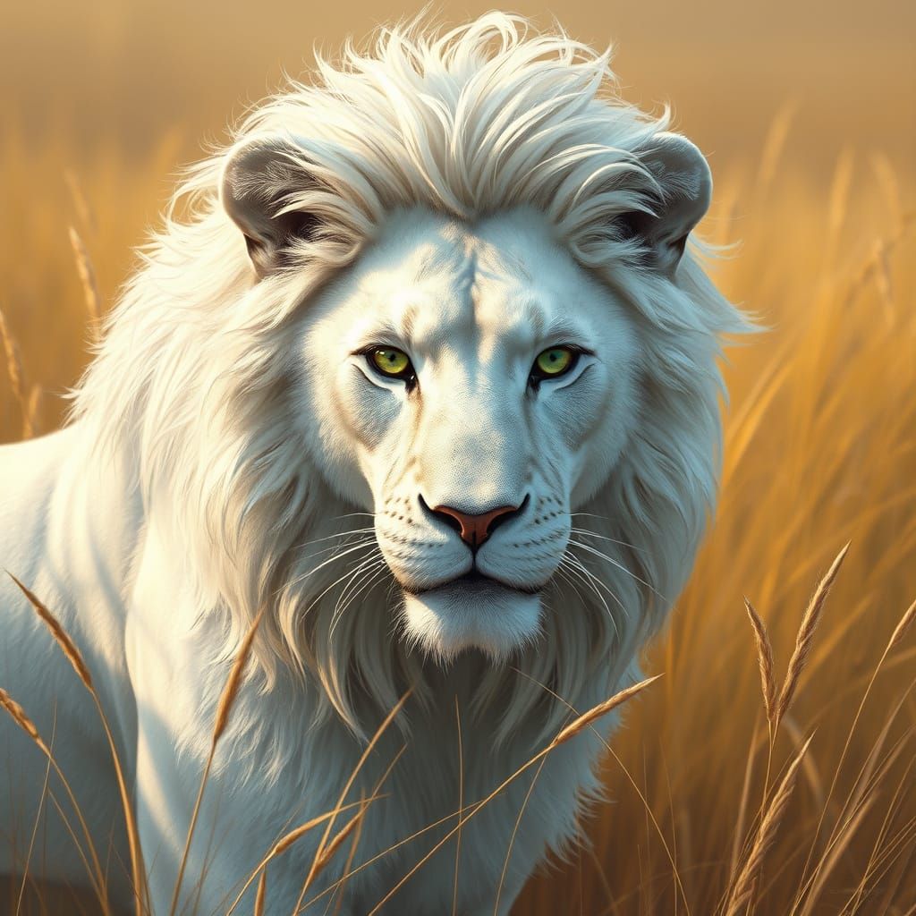 Regal White Lioness in Ethereal Savanna Landscape