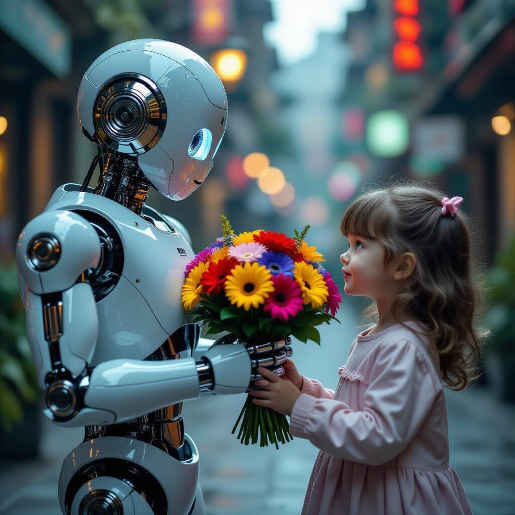 Retro-Futuristic Robot Offers Flowers to Girl in HDR Photo