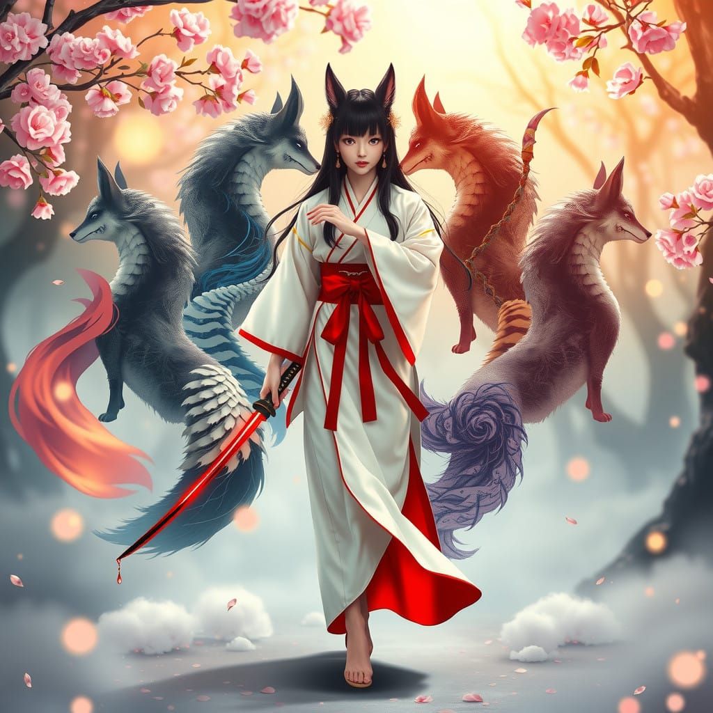 Serene Kitsune Goddess in Cherry Blossom Forest