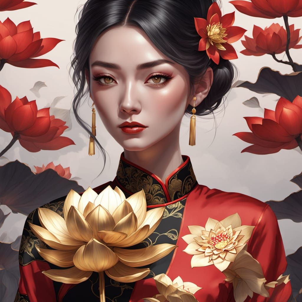 Woman in Cheongsam Portrait with Lotus Flower