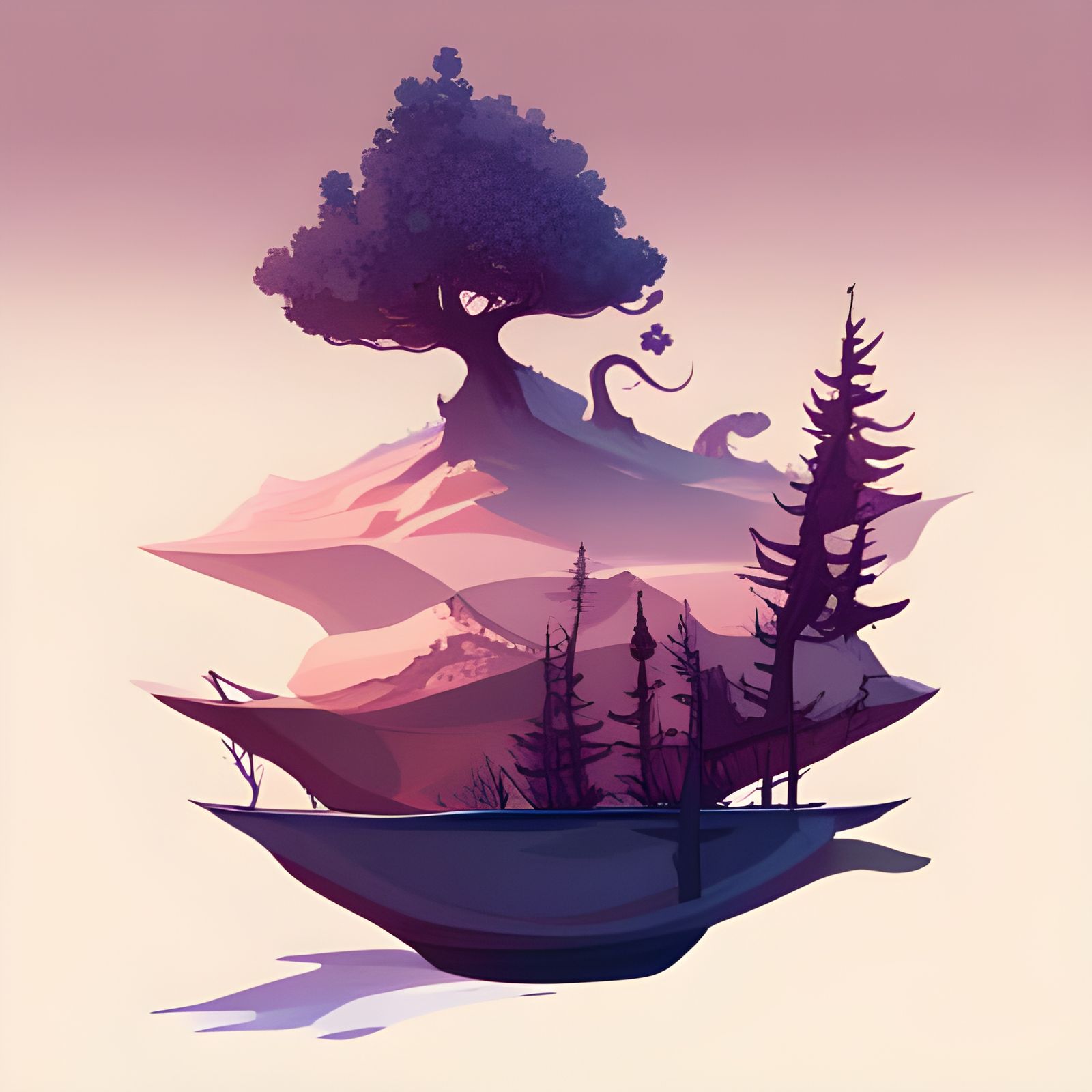 Fantasy Landscape Growing From Teacup, Vector Art