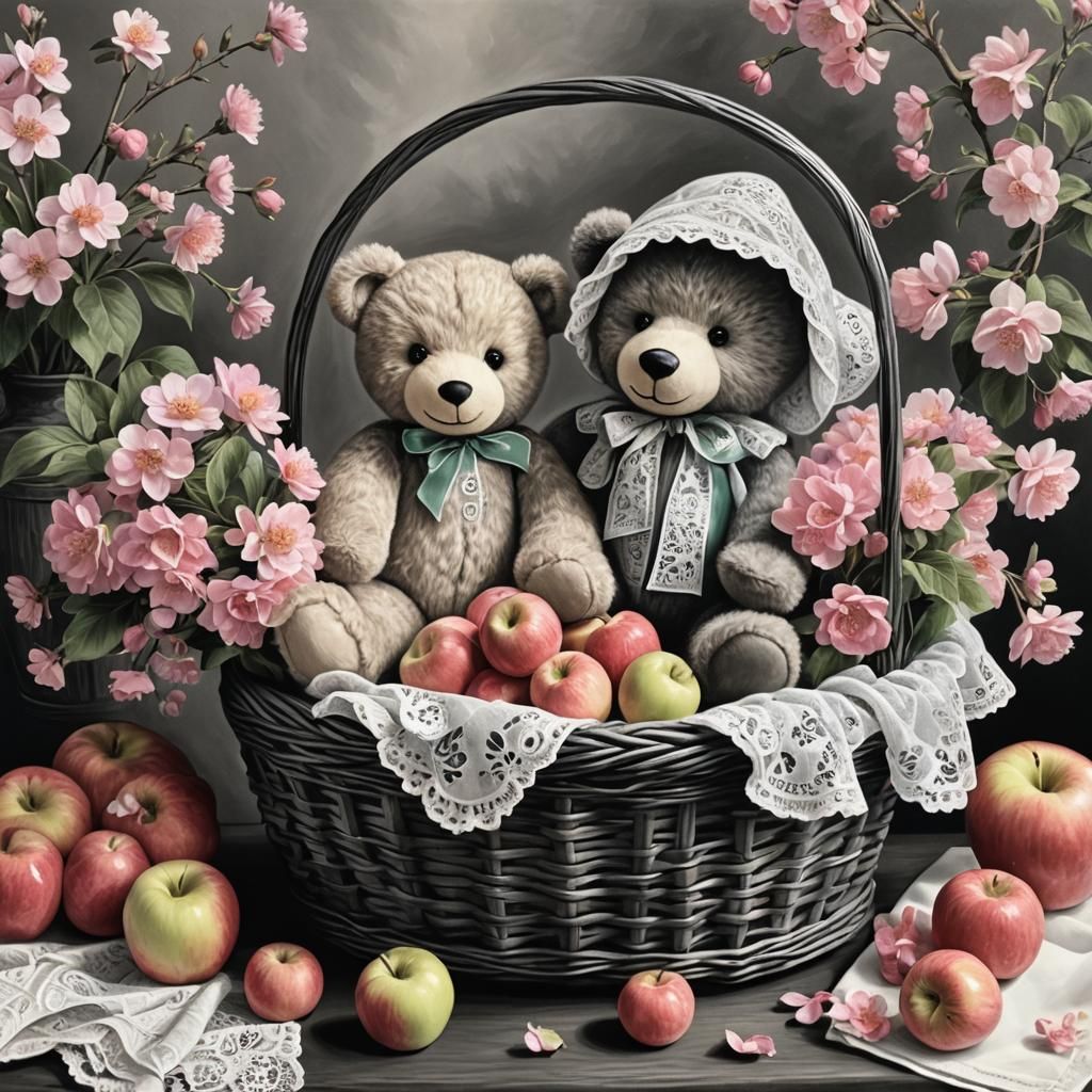 Teddy Bear in Longaberger Basket, Charcoal Drawing