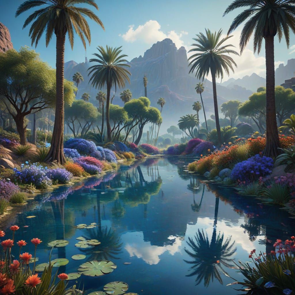 Serene Desert Oasis in Smooth Post-Impressionist Style