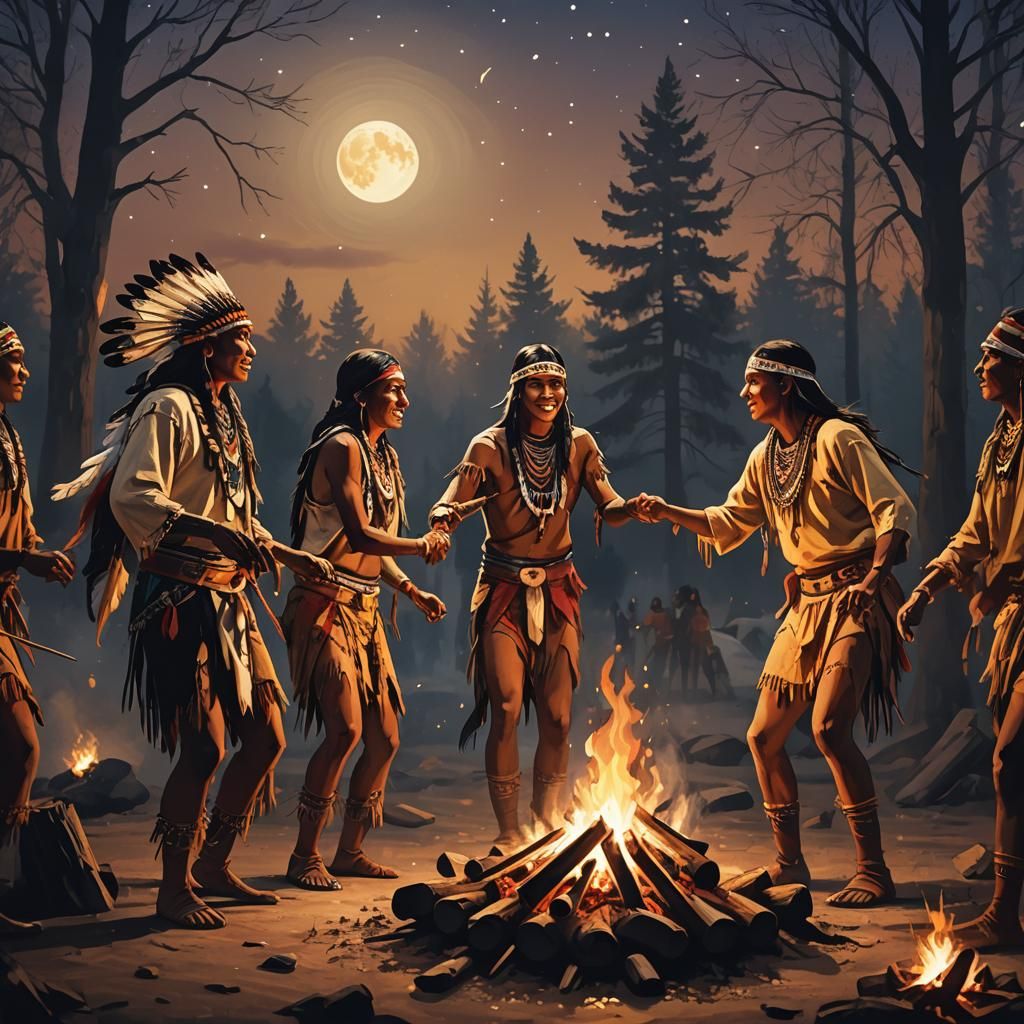 Native Americans Dancing Around Campfire: Digital Art