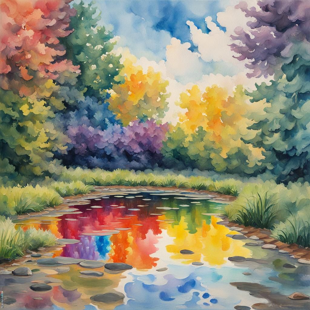 Rainbow Reflection in Gouache Watercolor Style