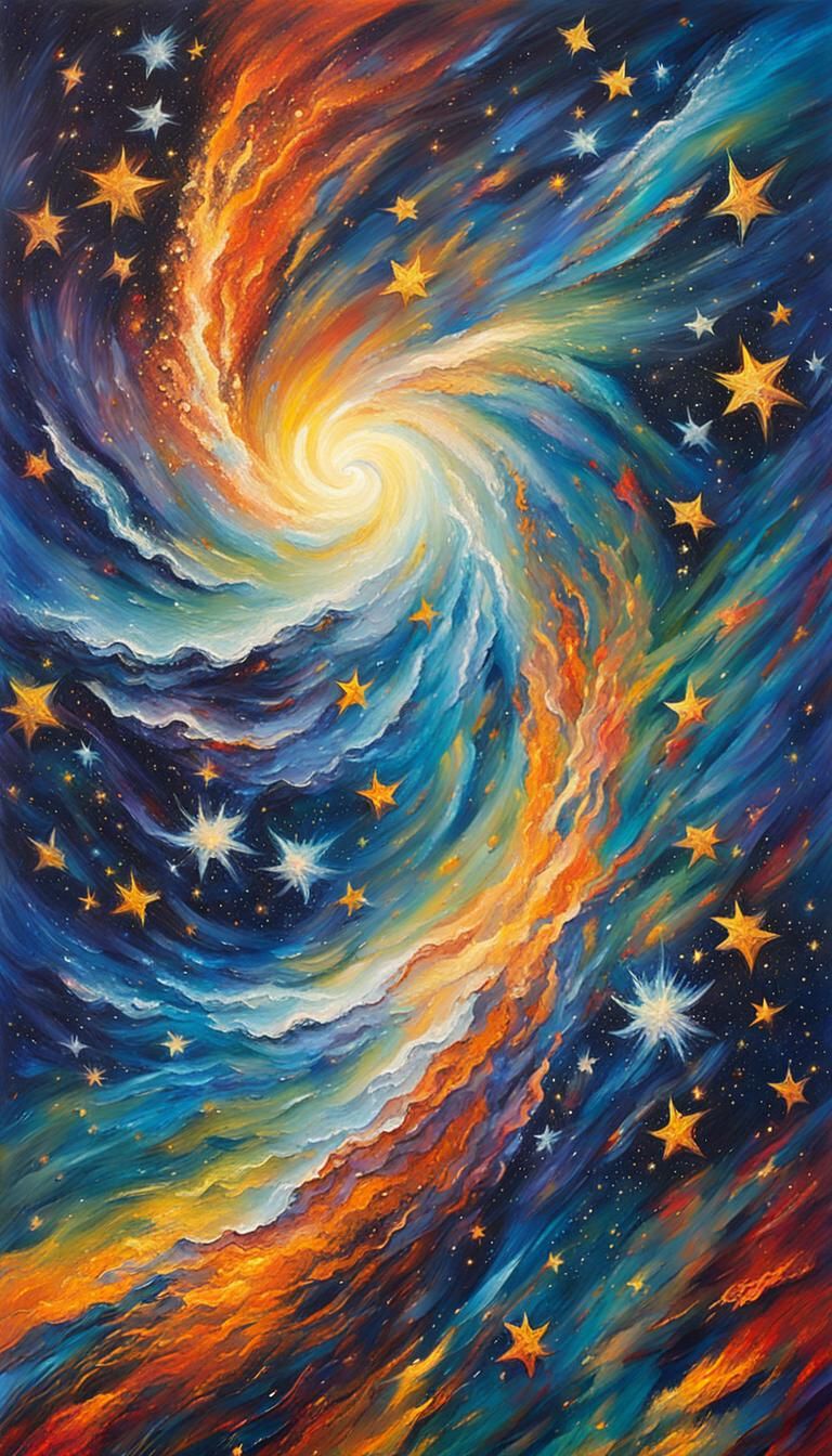 Galaxies Collide in Neo-Impressionist Oil Painting