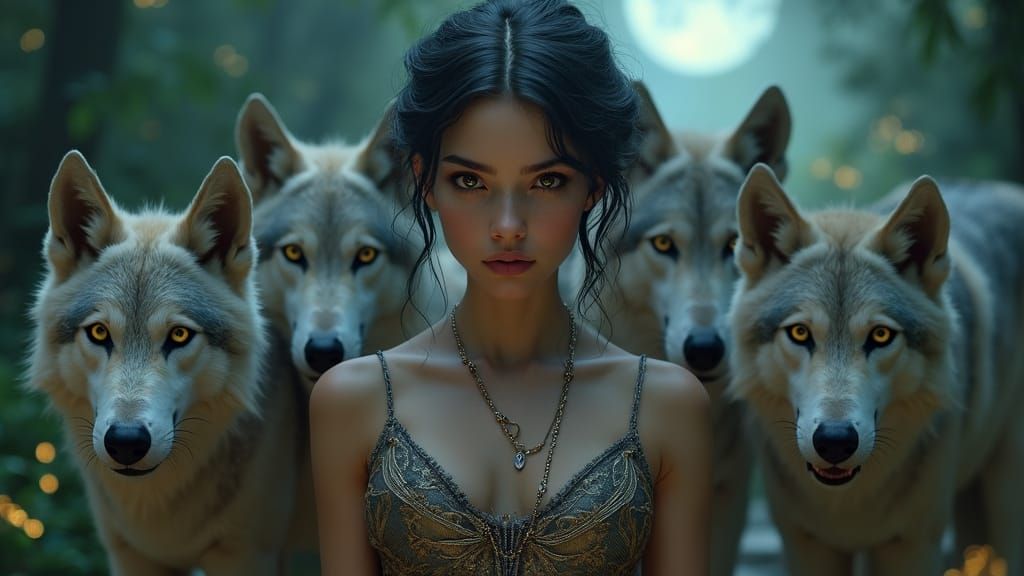 Ethereal Goddess Amidst Wolves in a Moonlit Glade