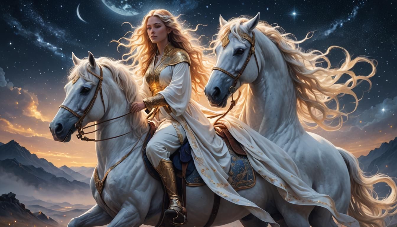 Celestial Mage on White Horse in Ethereal Fantasy Art