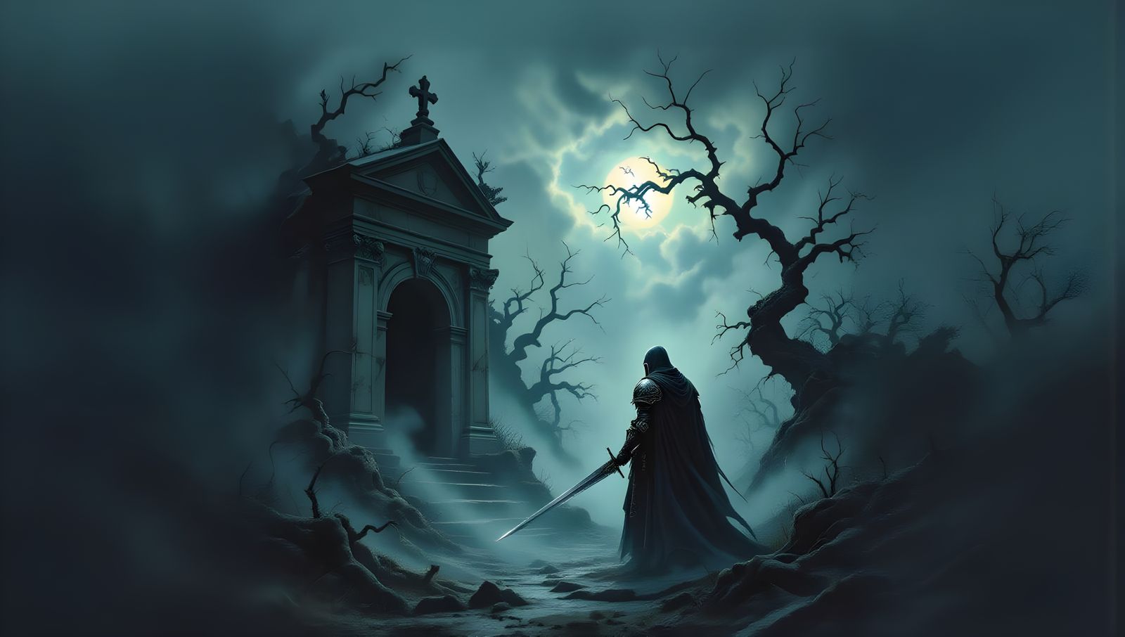 Spectral Knight Guards Ancient Mausoleum in Dark Fantasy Art