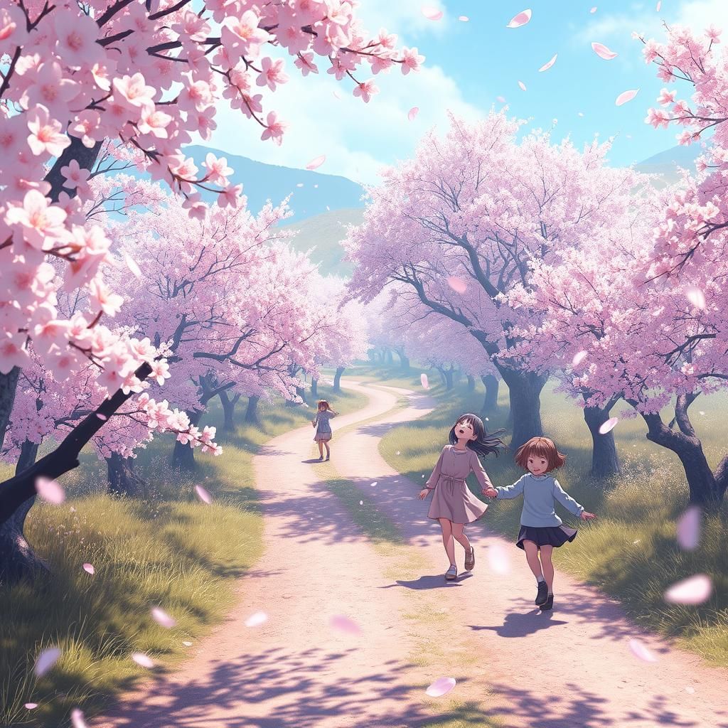 Iridescent Cherry Blossoms and Children Playing, Anime Style